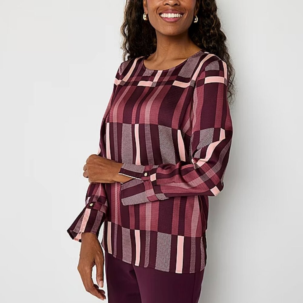 Liz Claiborne Womens Tall Crew Neck Long Sleeve Satin Blouse, Red Plaid size MT